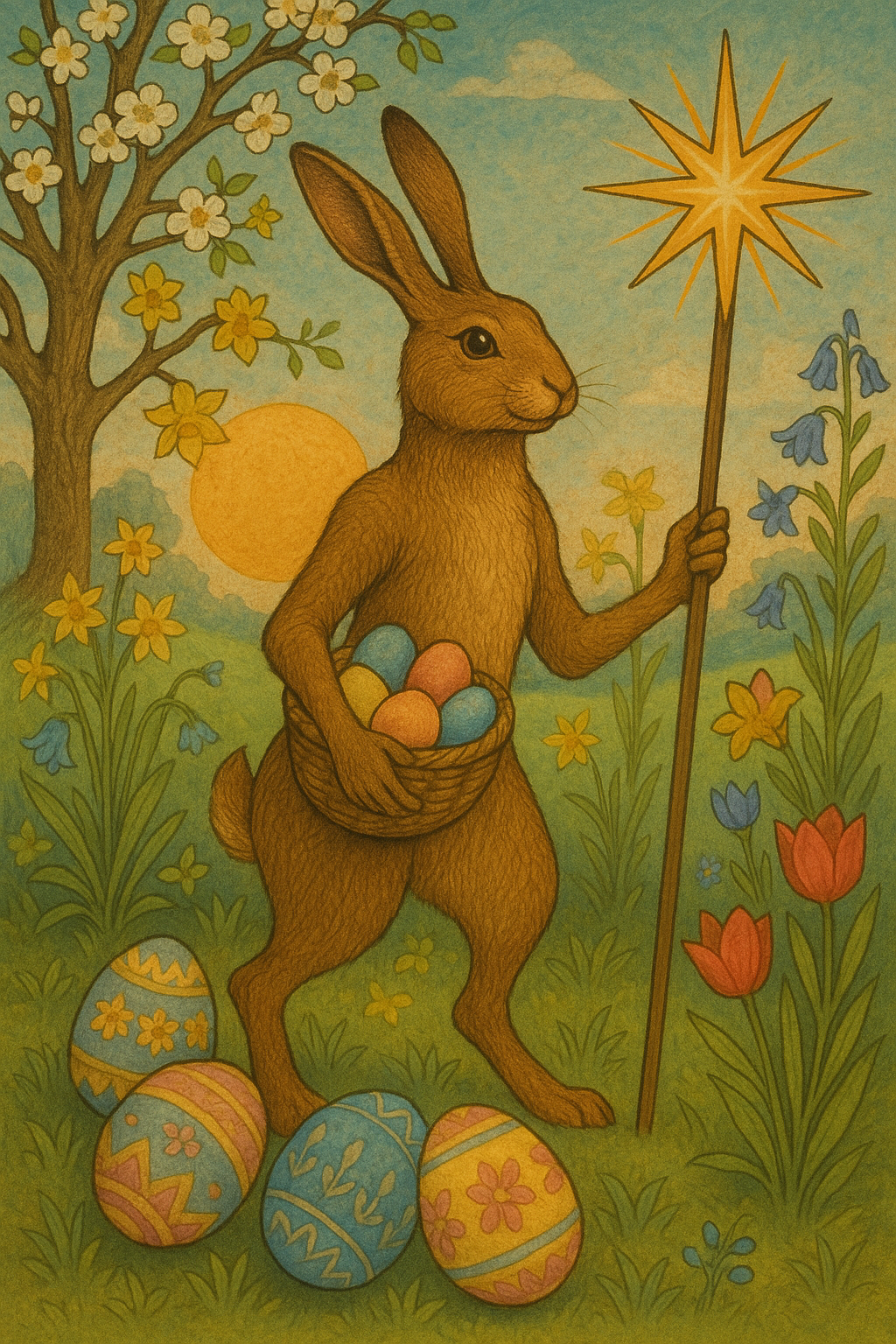 The Easter Bunny holds a basket of eggs and a star-tipped staff as it walks through flowers, decorated eggs at its feet