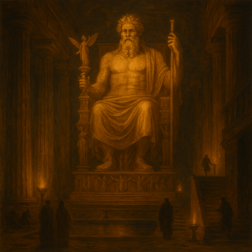 The massive seated statue of Zeus in his temple in Olympia, holding Winged Victory in one hand and a staff in the other