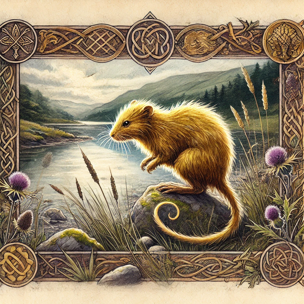 A lavellan, a mouselike creature with glowing golden skin, perching on a rock by a pond