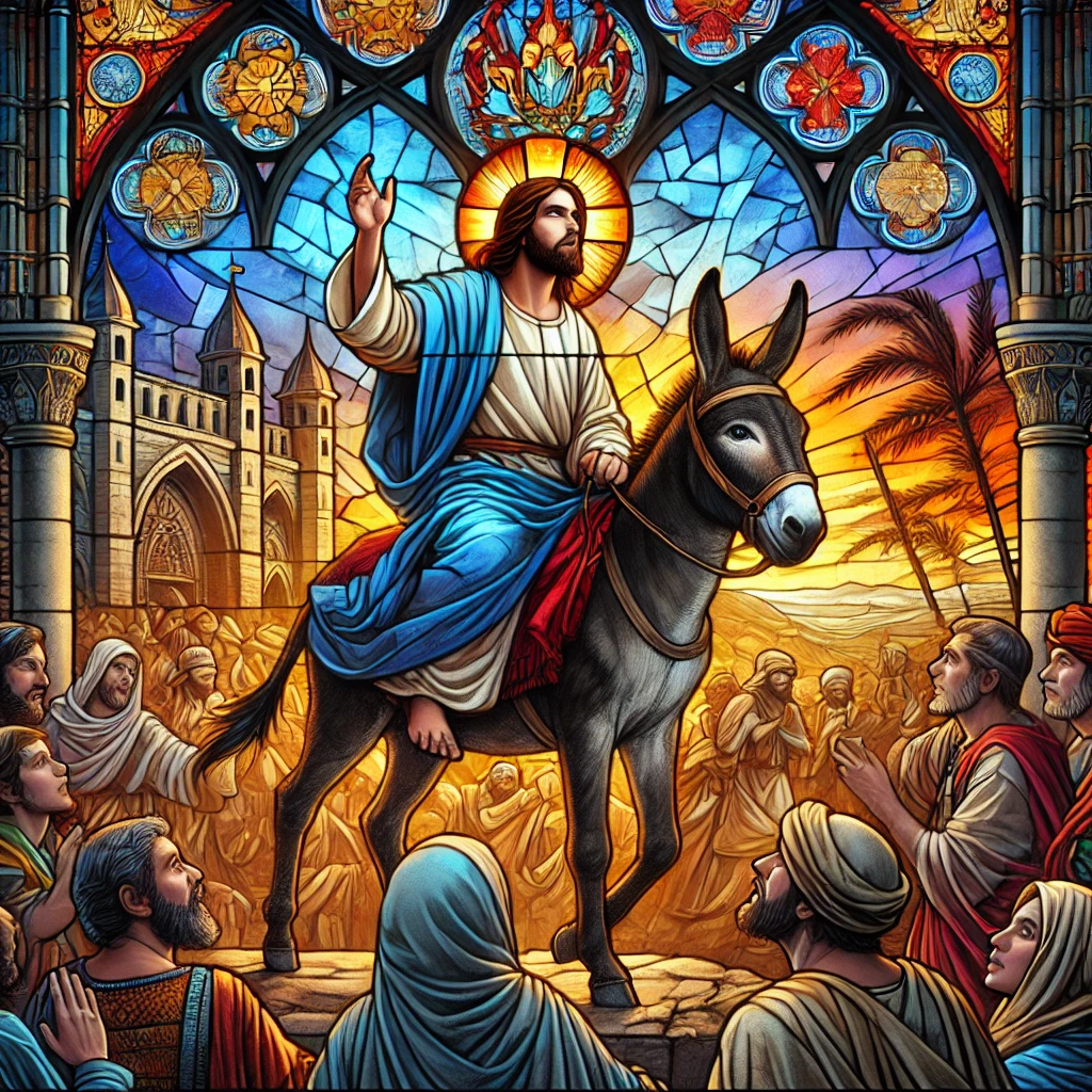 Stained glass style illustration of Jesus entering Jerusalem on a donkey