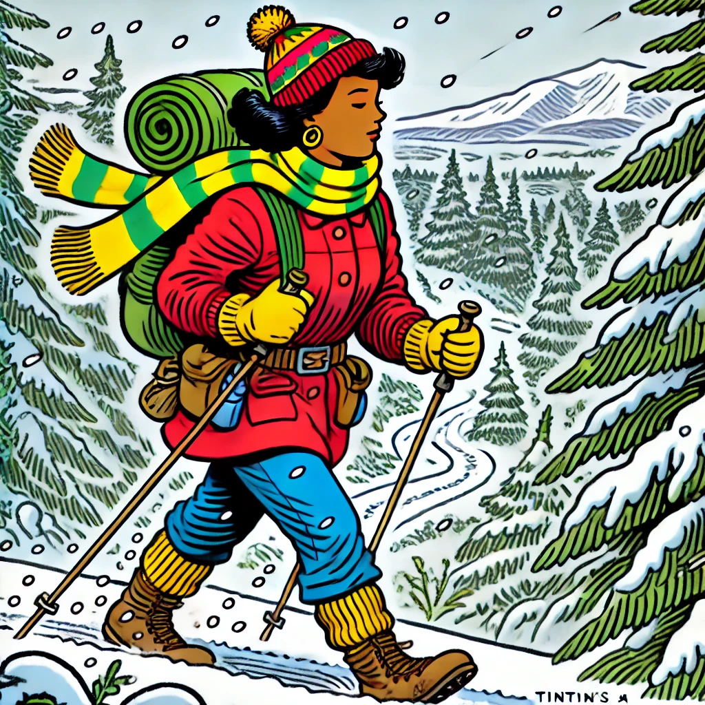 A woman with poles walks through a snowy forest