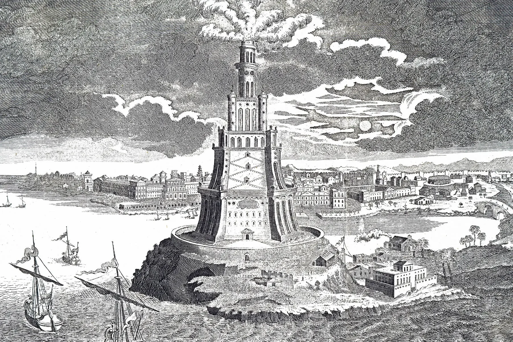 An engraving of the Lighthouse of Alexandria in Egypt, a Wonder of the Ancient World