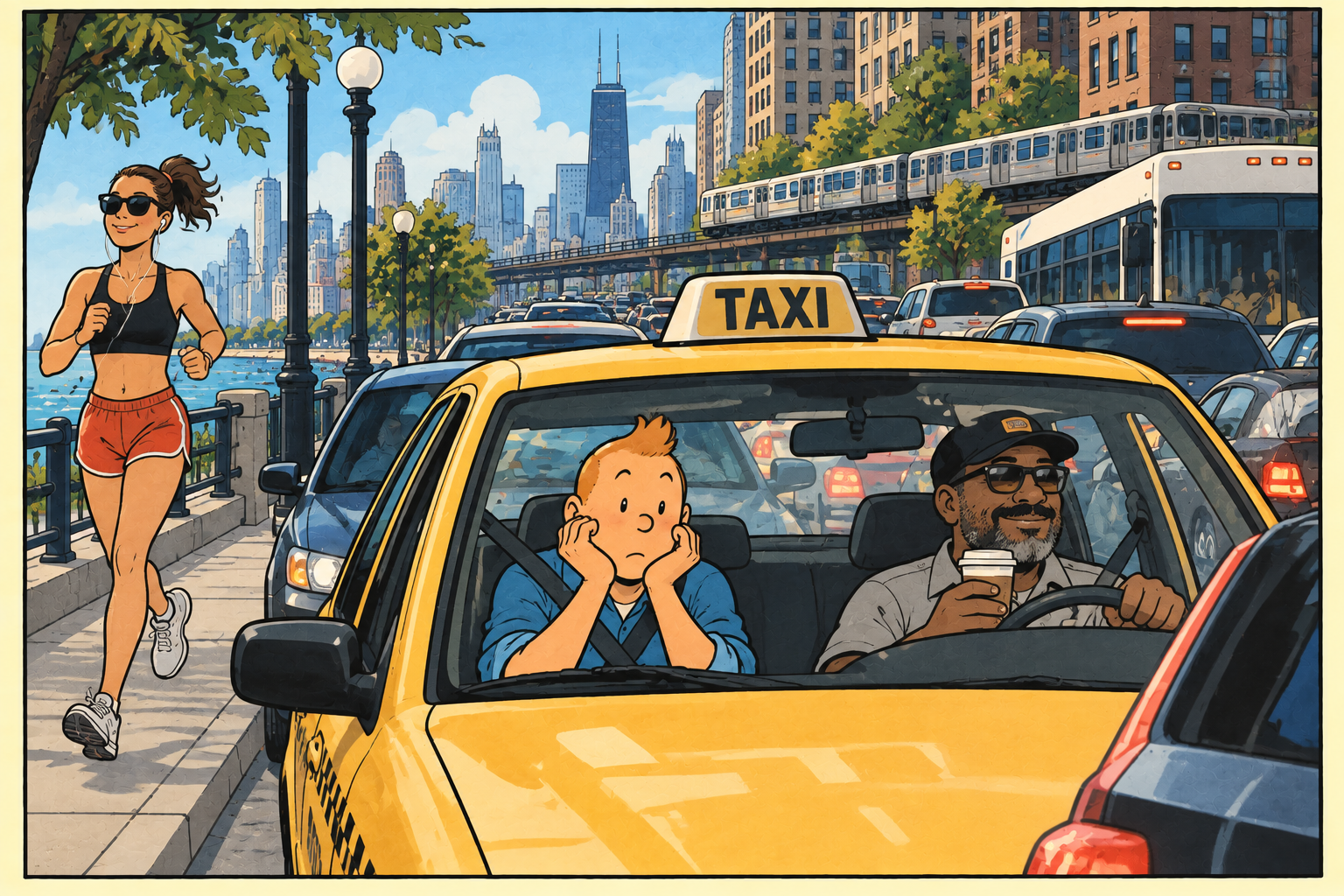 A man sits, bored, in a taxi stuck in traffic, while the driver drinks coffee and smiles, and a jogger passes them