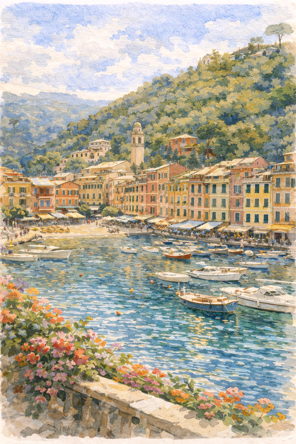 A view of Portofino, Italy on the Amalfi Coast, with buildings lining the water, filled with boats