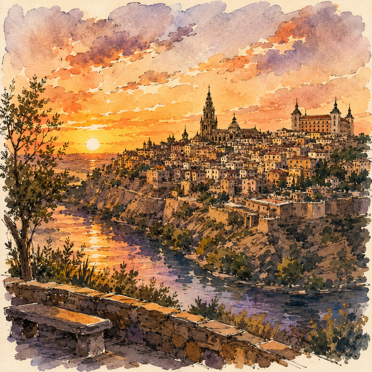 Sunset over Toledo, Spain, across the river by a stone bench