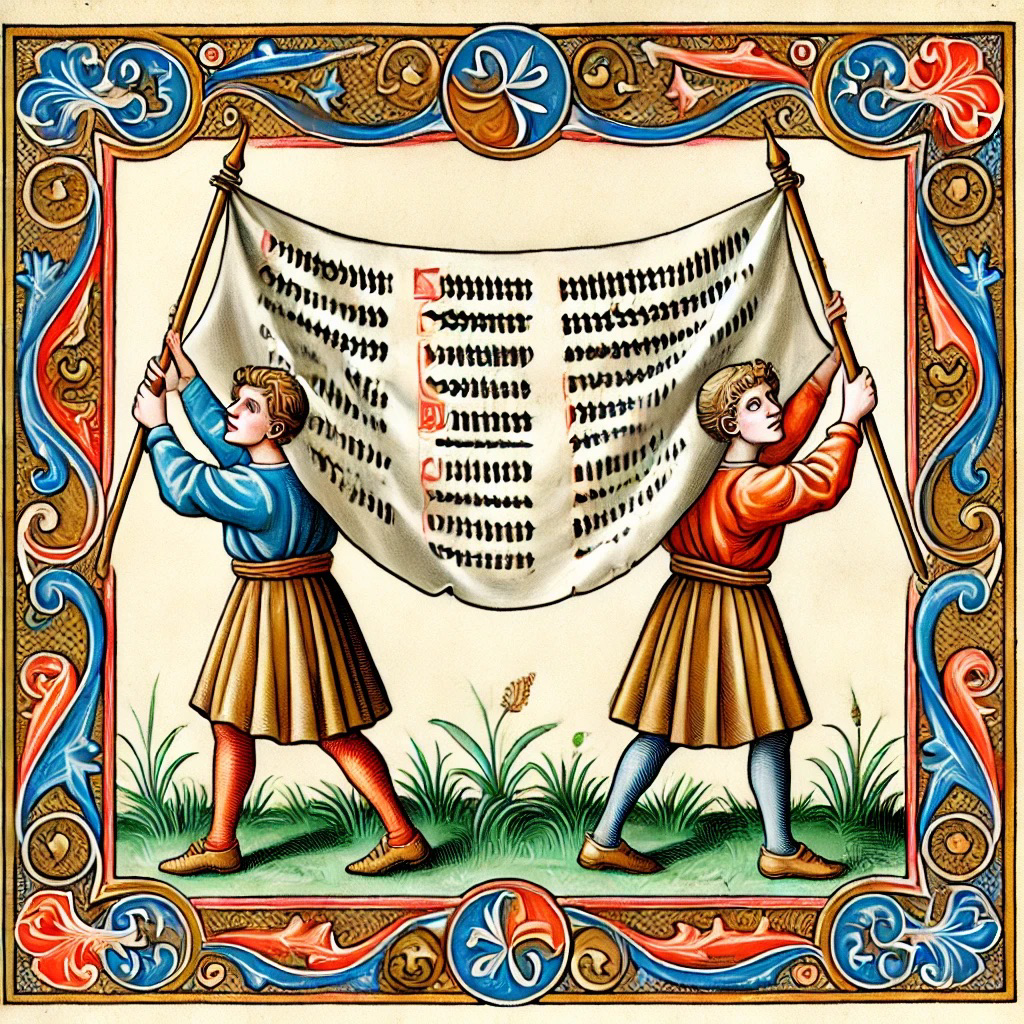 Noah's sons Shem and Japheth hold a large sheet to cover their drunk, naked father
