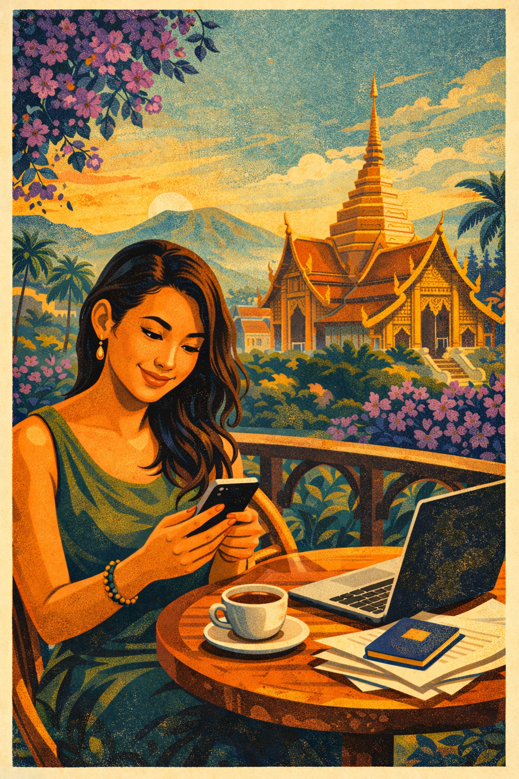A woman looks at her phone, sitting at a table with a laptop, coffee and documents, with a Thai temple in the background