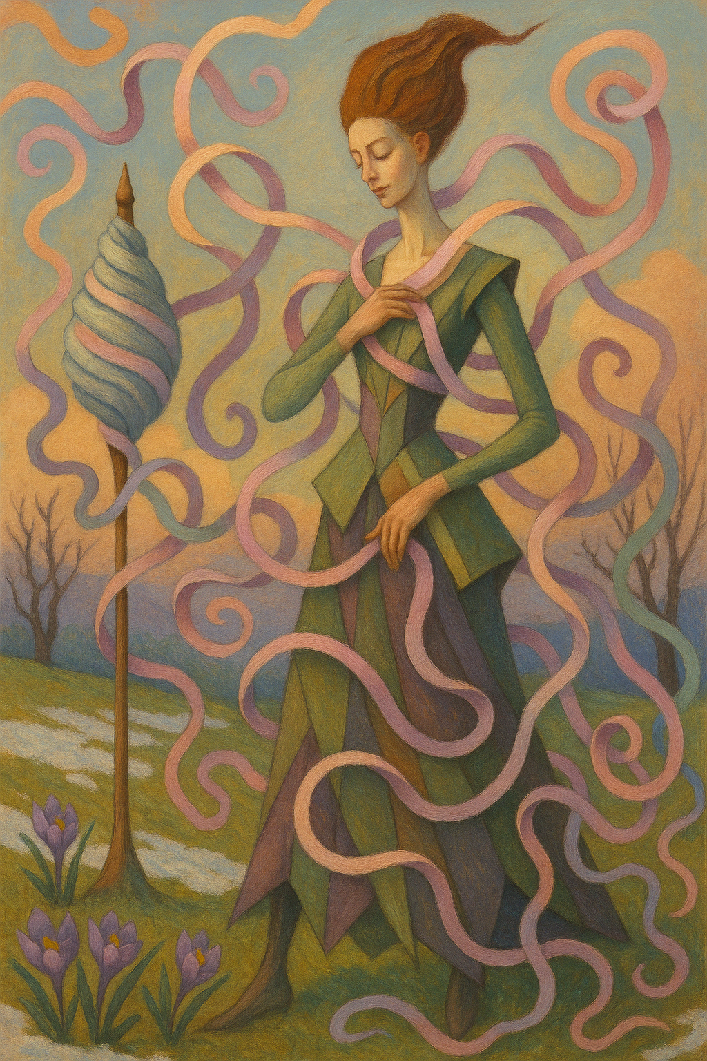 Ribbons spiral through the air around a woman in a green dress, the ribbons unraveling from a stake in the ground