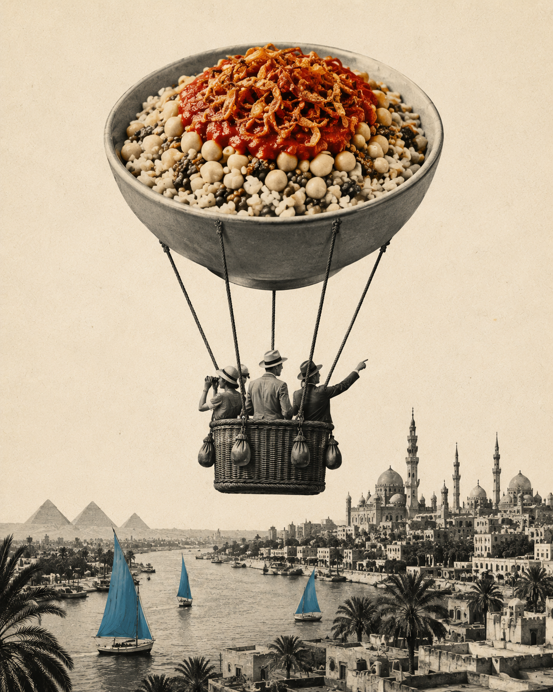 A bowl of koshary as a hot air balloon, floating over feluccas on the Nile, past the Pyramids and a city with mosques