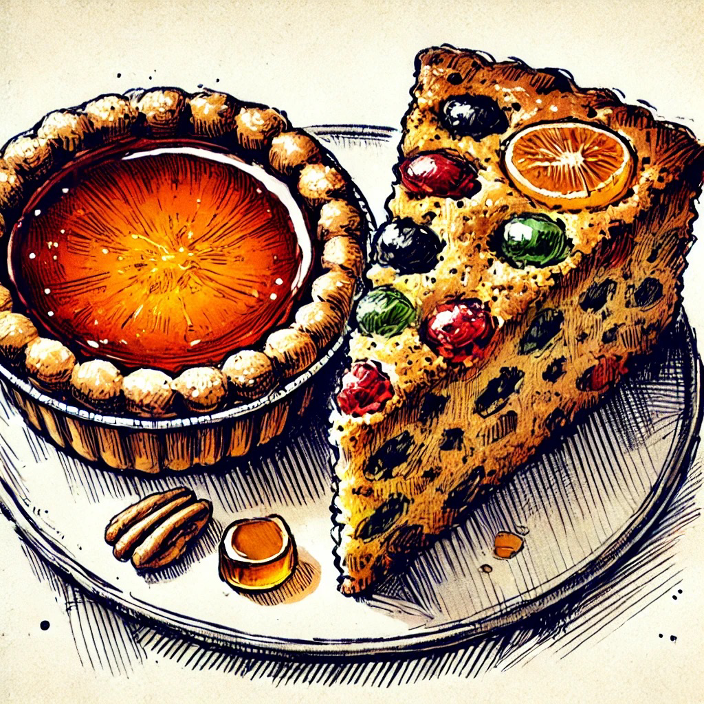Sketch of treacle tart and slice of fruitcake
