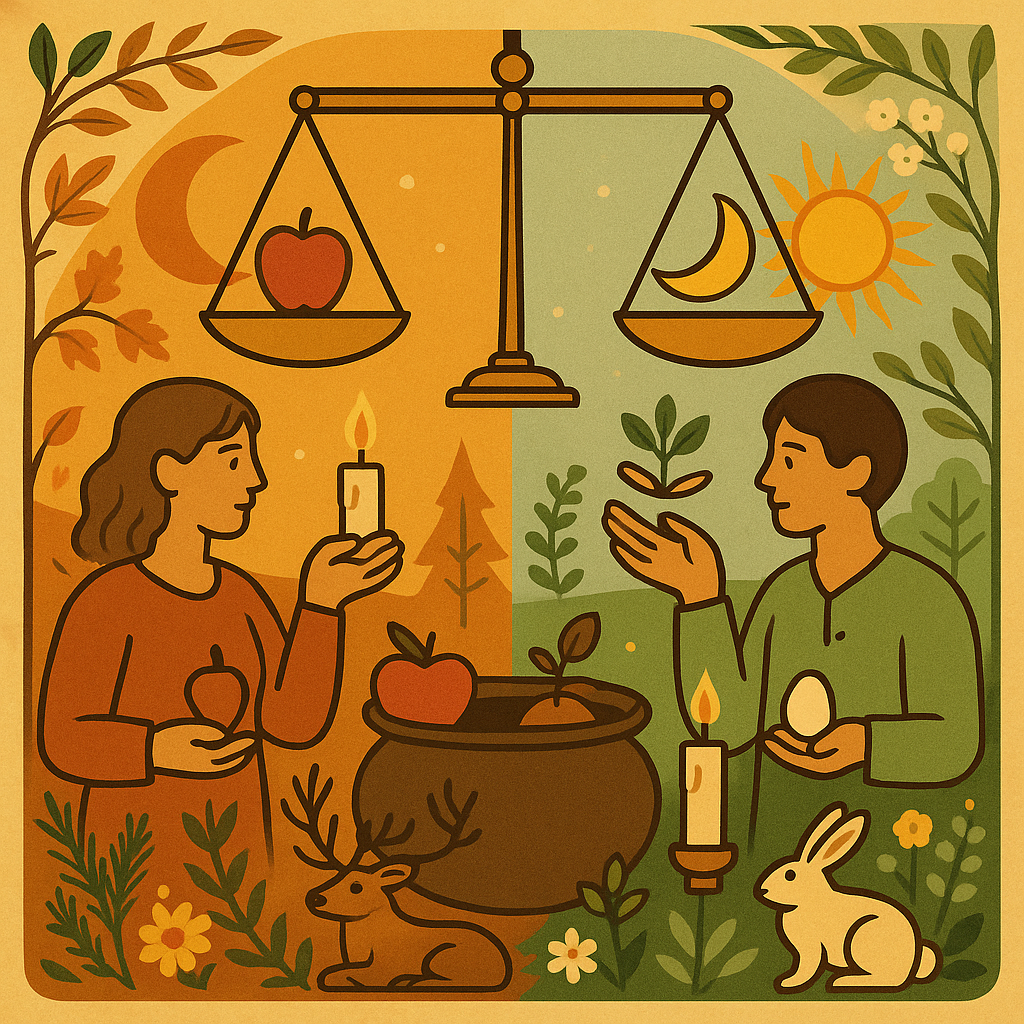 One half is a woman with symbols of Mabon, including apples and fall themes, with a man on the other half with symbols of Ostara, including a rabbit, egg and spring items, with a balance and cauldron between them
