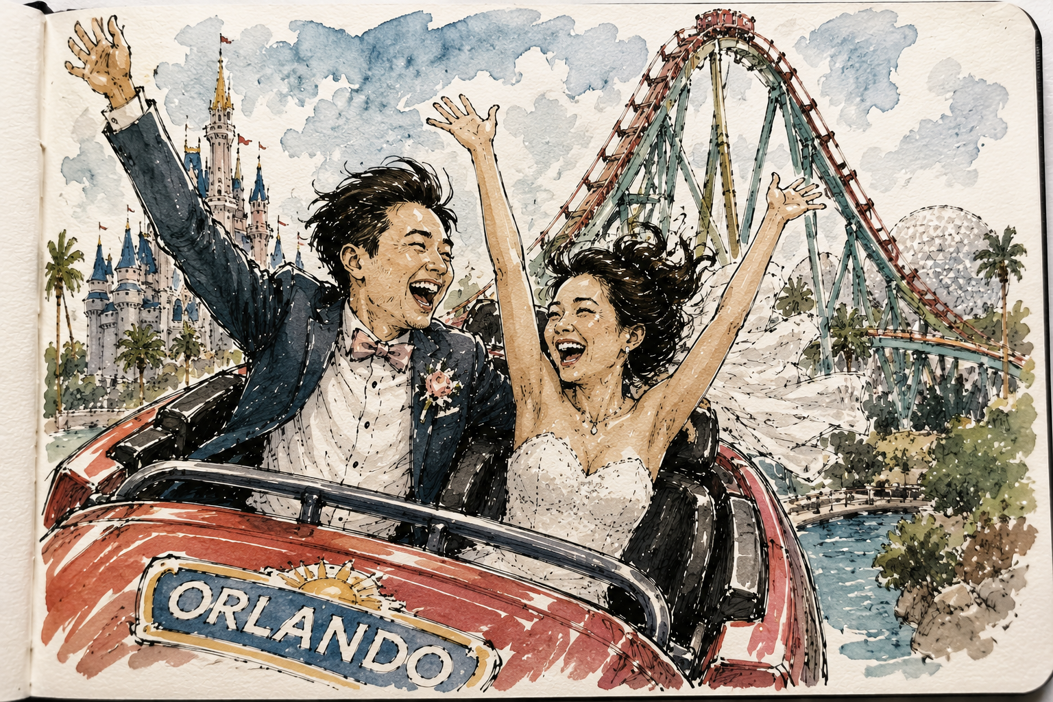 A groom and bride raise their hands as they ride a rollercoaster in Orlando, Florida, with the Disney World castle and Epcot ball in the background
