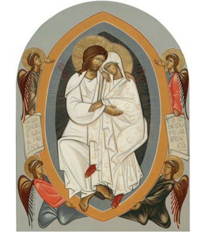 Jesus puts his arm around his mother, the Virgin Mary, who is also his bride, with angels around them