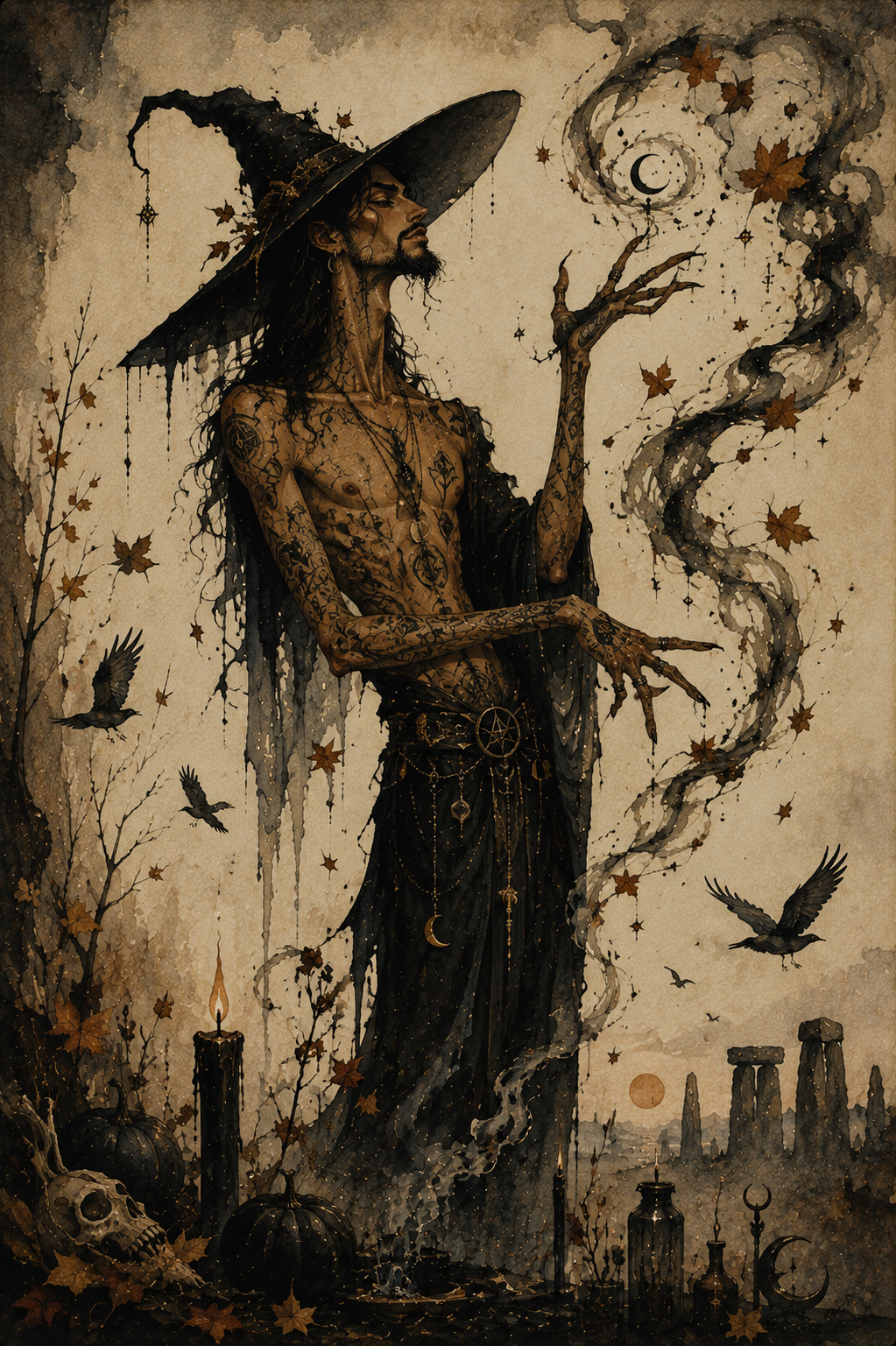 A thin tattooed male witch casts a spell at Samhain by birds, a skull and standing stones