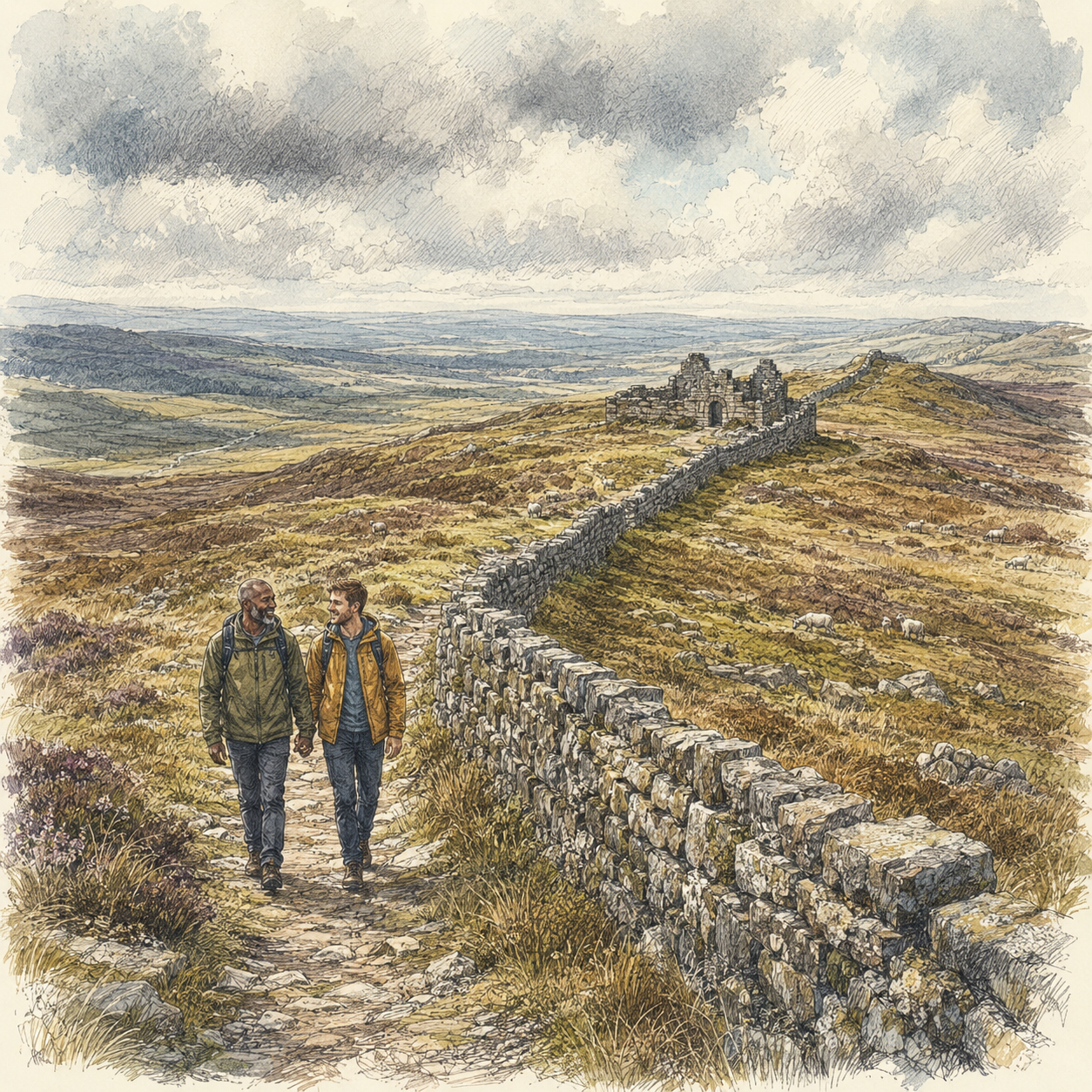 A gay couple holds hands and walks along Hadrian's Wall Path in the UK