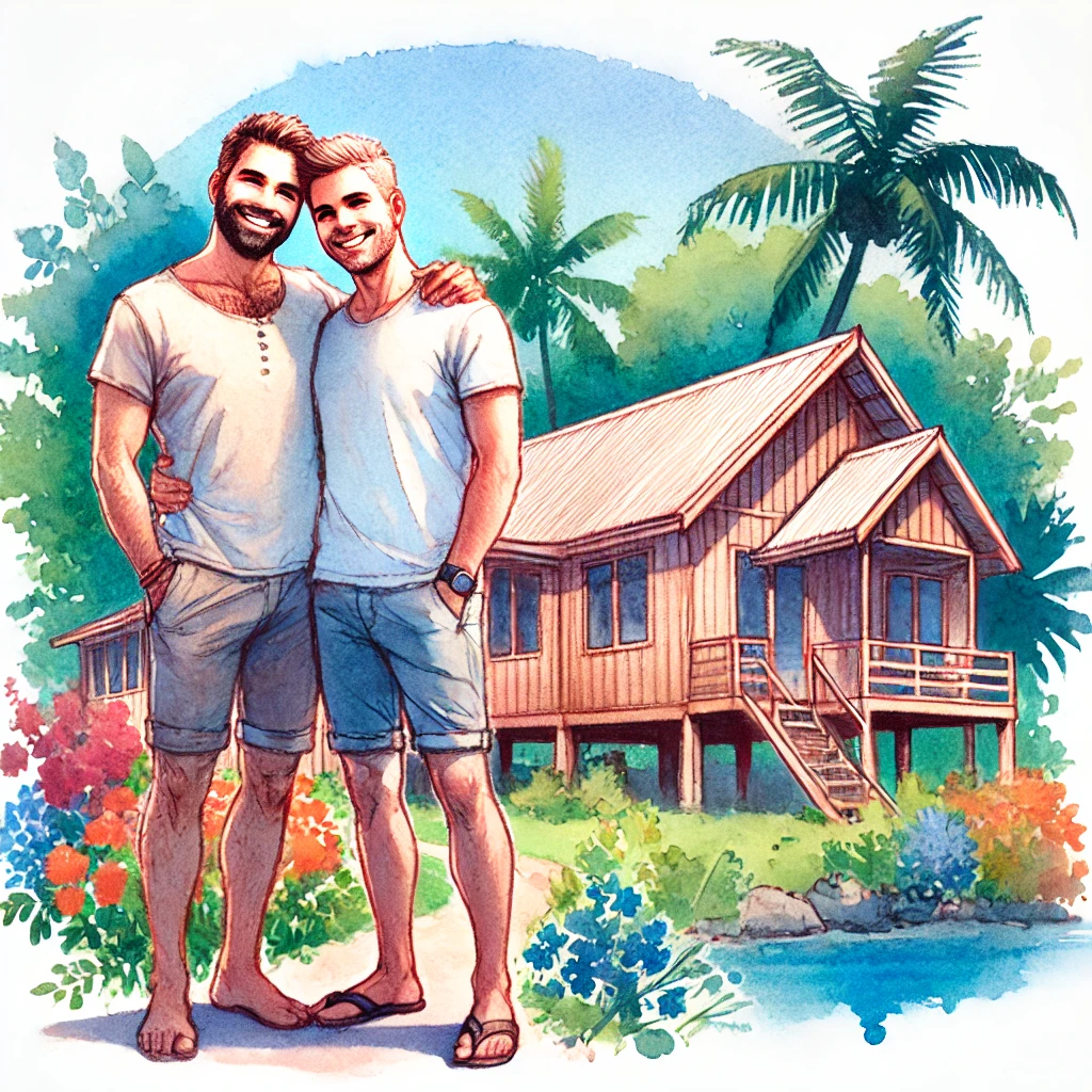 A smiling gay couple stands in front of their wood home in Nauru