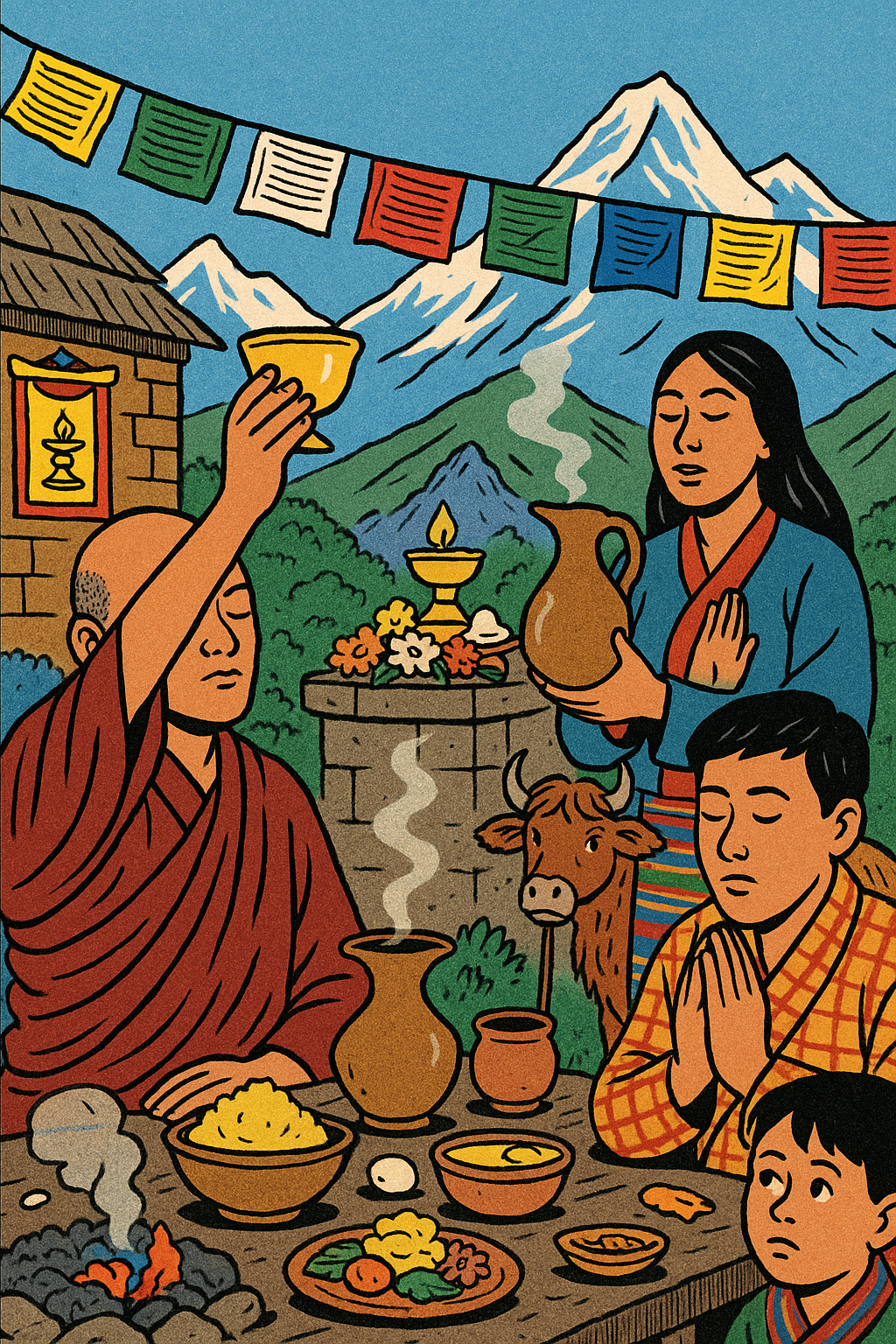 A monk in Bhutan holds up a vessel with ara, while a man prays, a woman holds a pitcher, and a boy and yak look on