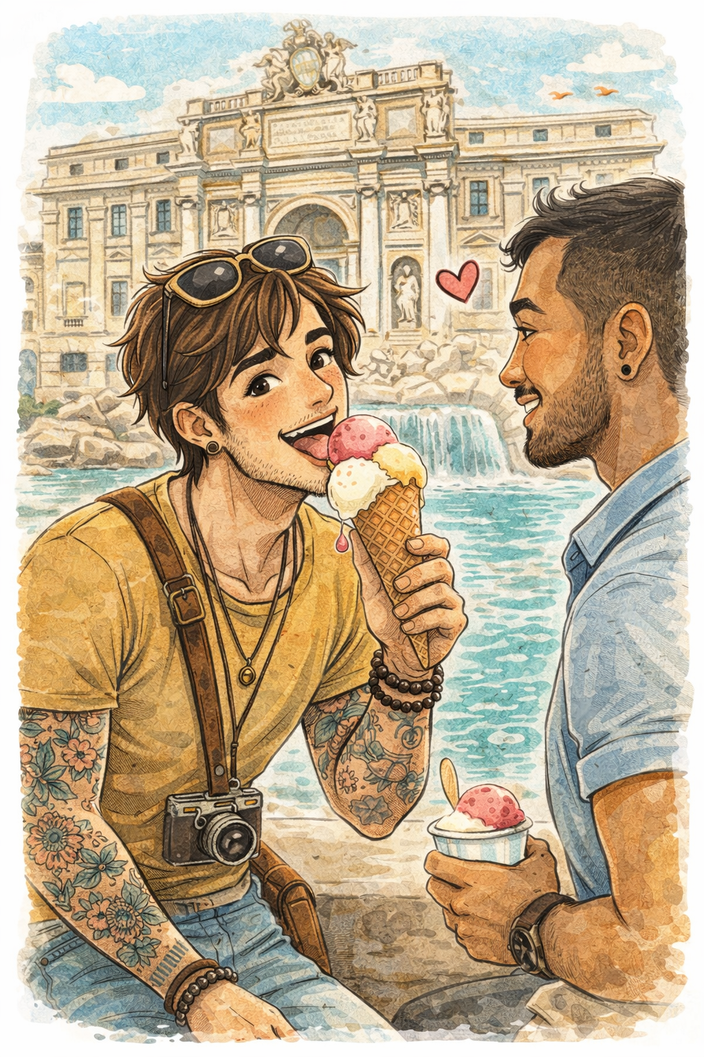 A tattooed guy licks gelato by the Trevi Fountain in Rome while on a date with a bearded man