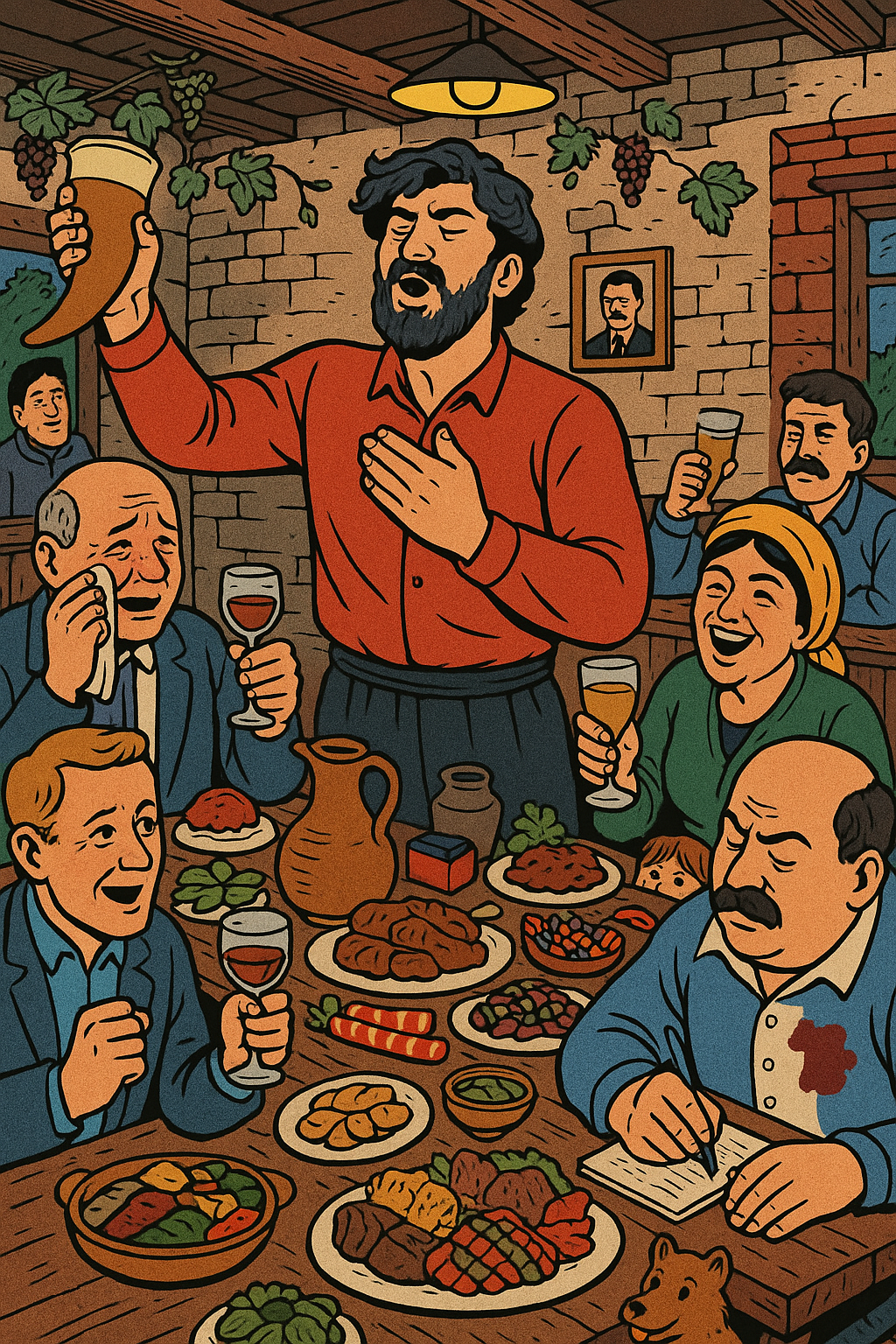 A bearded man stands, holding up a drinking horn, giving a toast, while people around him react