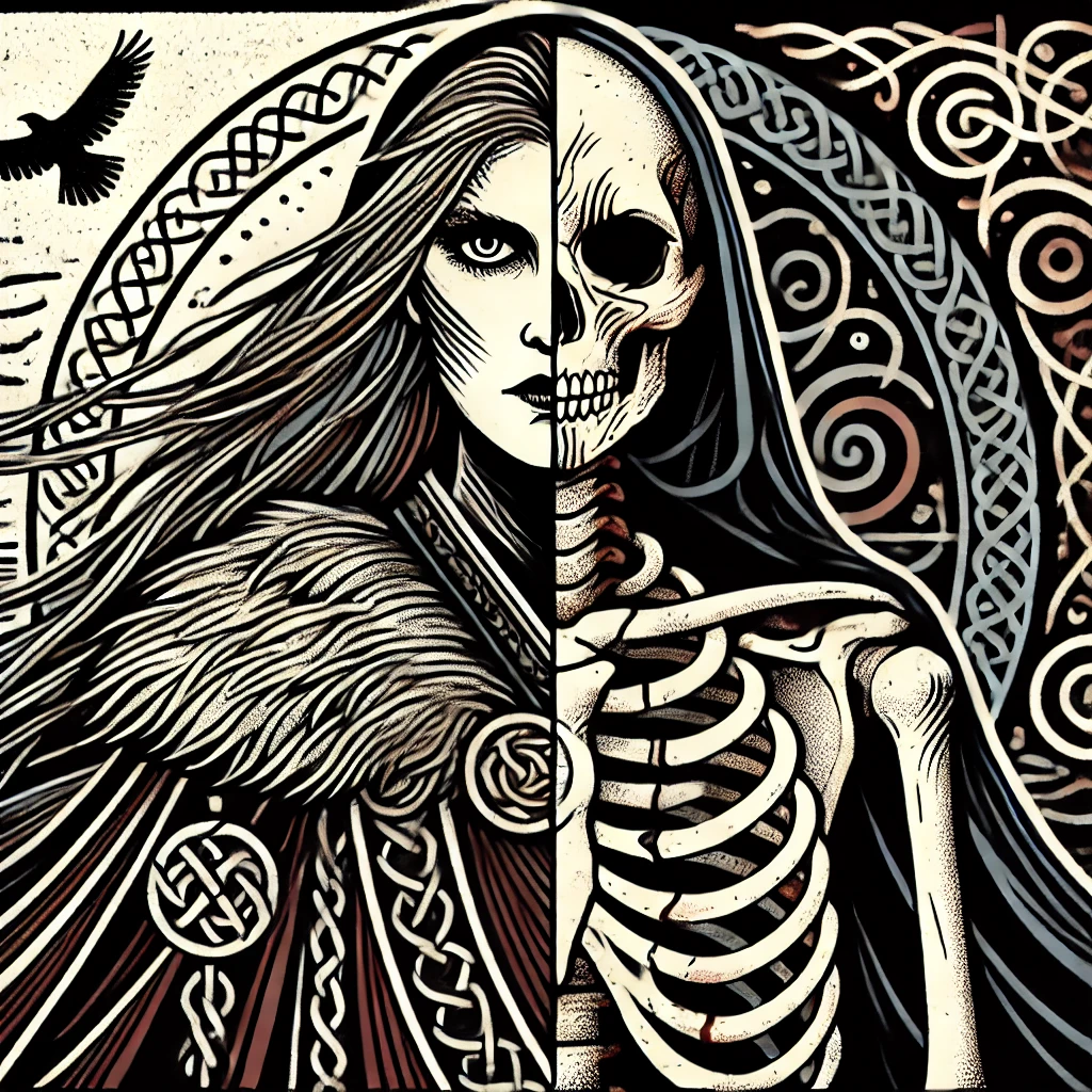 Hel, the Norse goddess of the underworld, half beautiful woman, half skeleton
