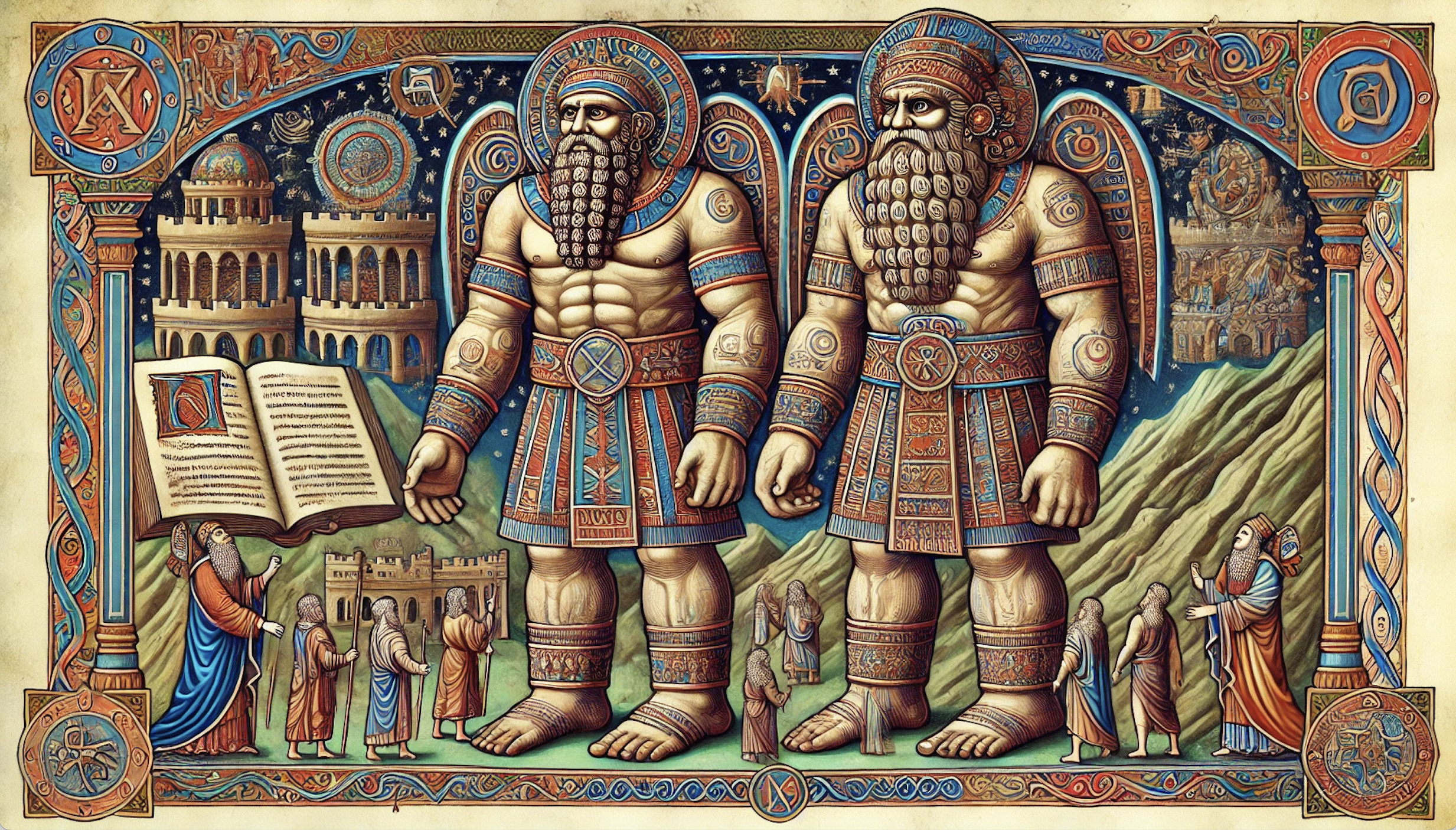 Two nephilim, giants born of women and sons of God, tower above people in ancient Israel