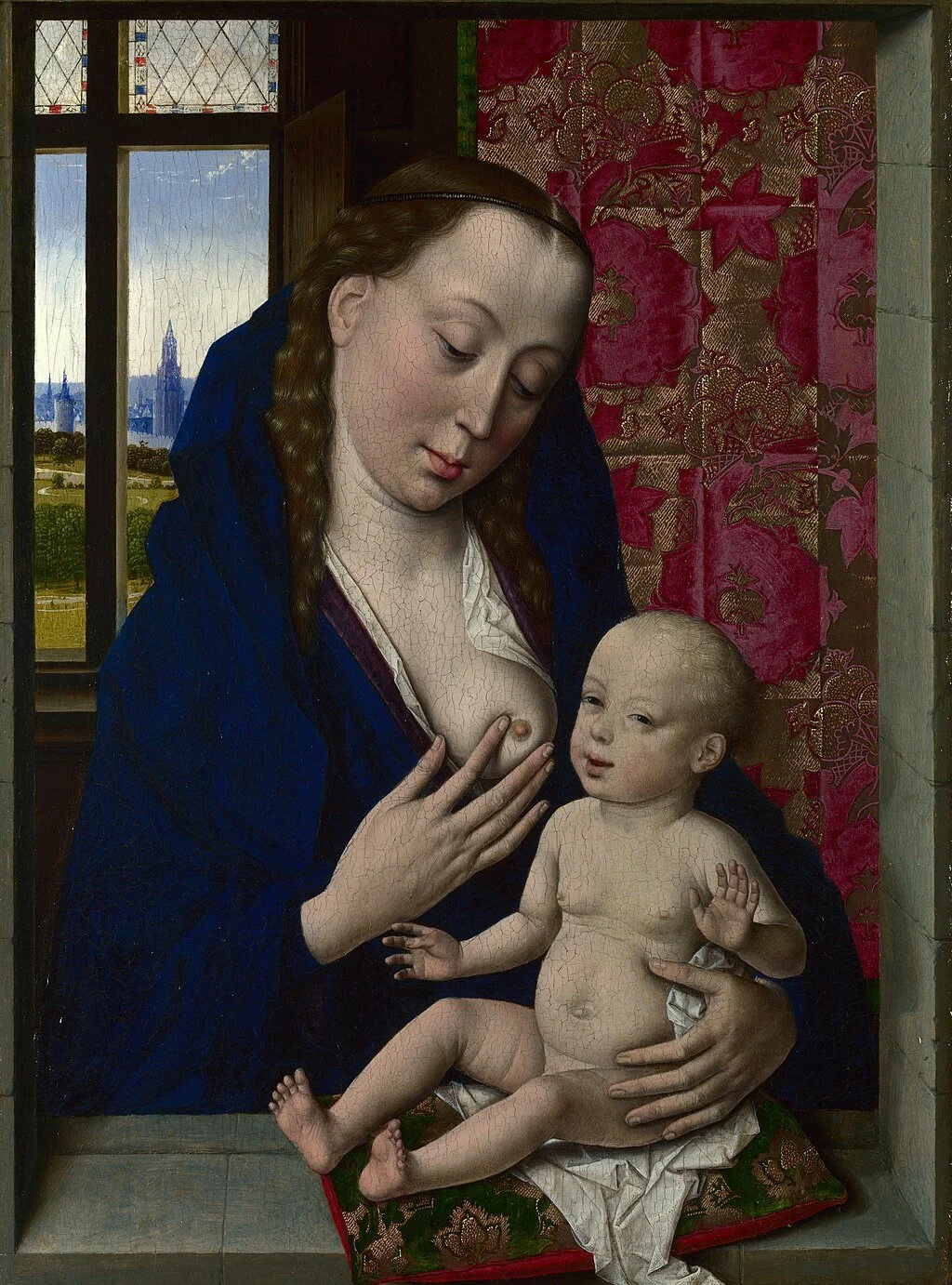 The Virgin and Child by Dirk Bouts, showing Mary offering her breast to baby Jesus in a medieval room
