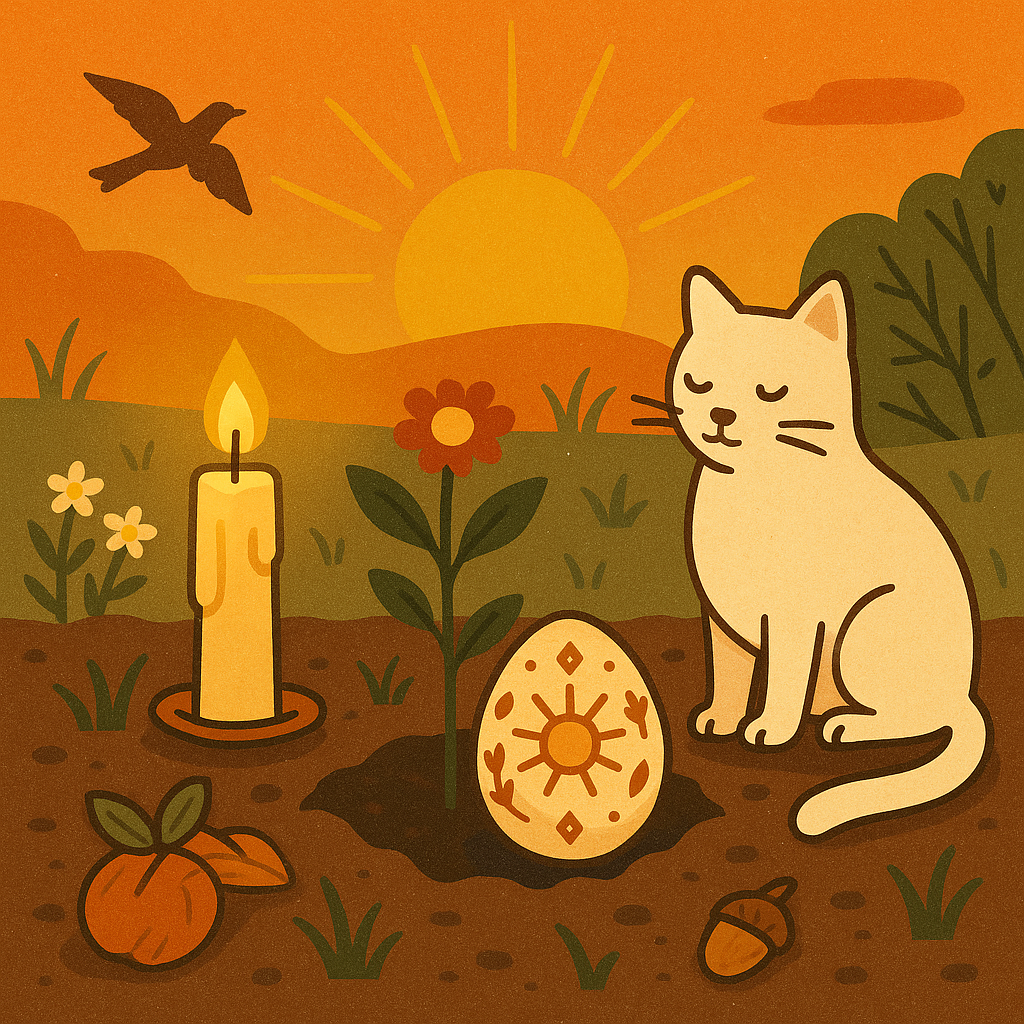 A white cat sits by symbols of the spring equinox: a candle, decorated egg, flower and apple