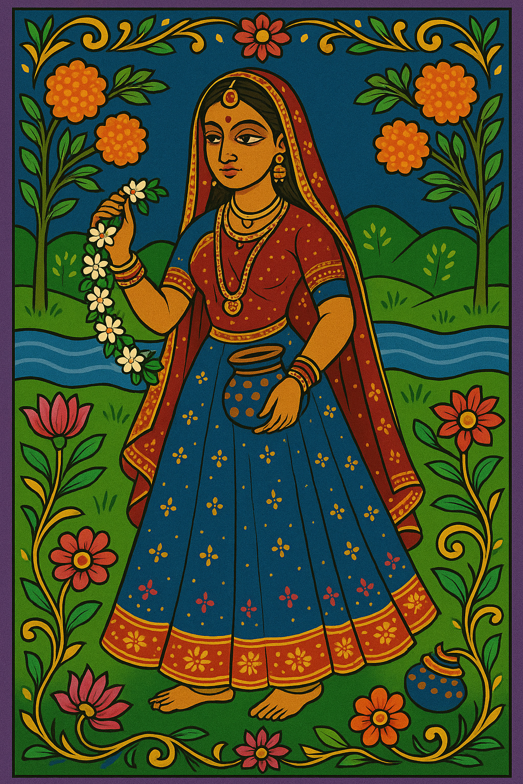 Hindu goddess Radha holds a floral garland and pot near a river and flowers
