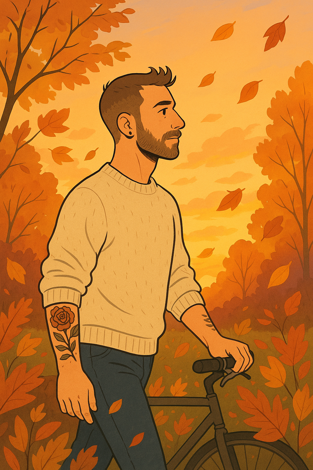 A man in an oatmeal sweater walks his bike through trees that have turned orange in the autumn