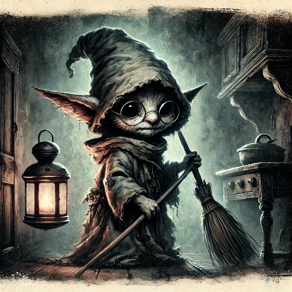 A small kobold dressed in rags, a pointed hat and round glasses, holding a broom in his small home while a lantern floats next to him