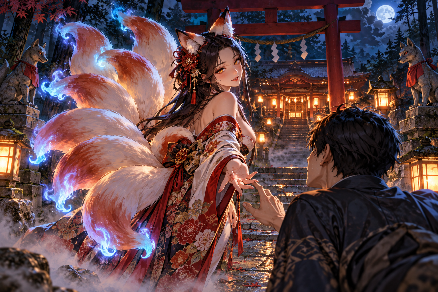 A beautiful nine-tailed kitsune holds out her hand to a man at a moonlit shrine