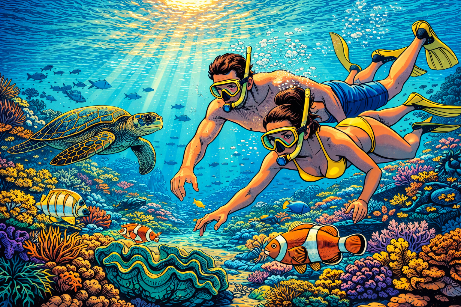Two people snorkel on the Great Barrier Reef, past clownfish and a turtle