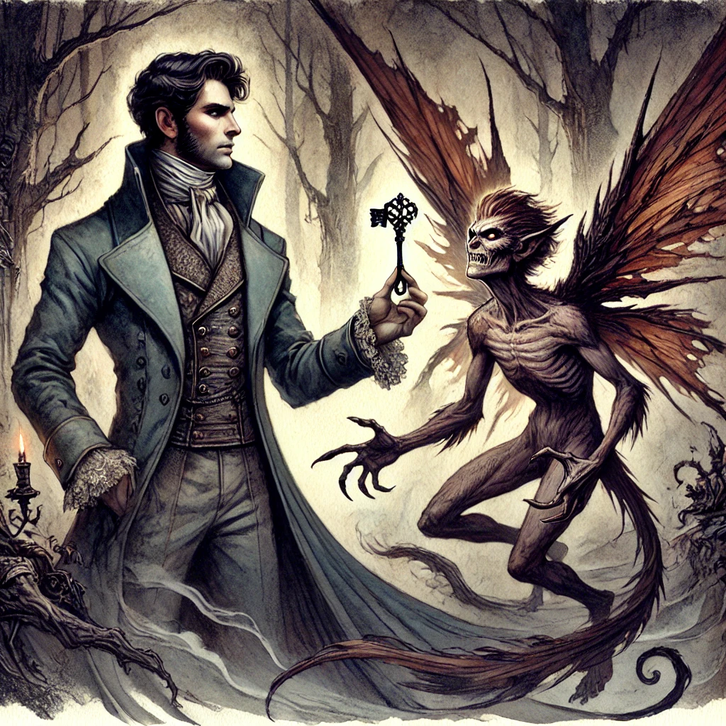 A well-dressed man holds up an iron key to keep a scary fairy at bay