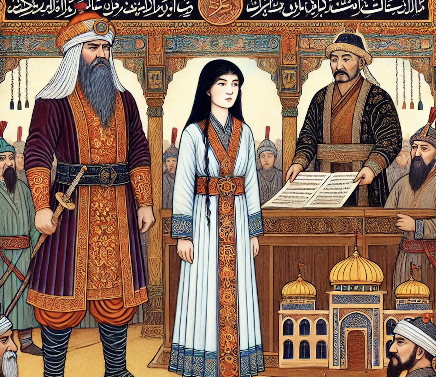 A man and woman stand before a Mongol holding the law