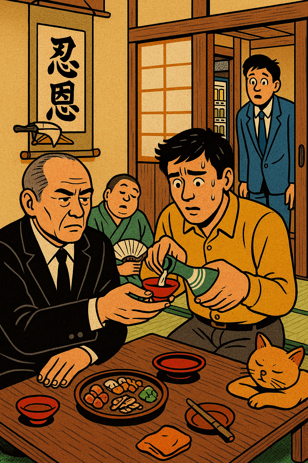 A younger man nervously pours sake for an older man in a suit at a Japanese teahouse, while a man sleeps in the corner and another enters, surprised