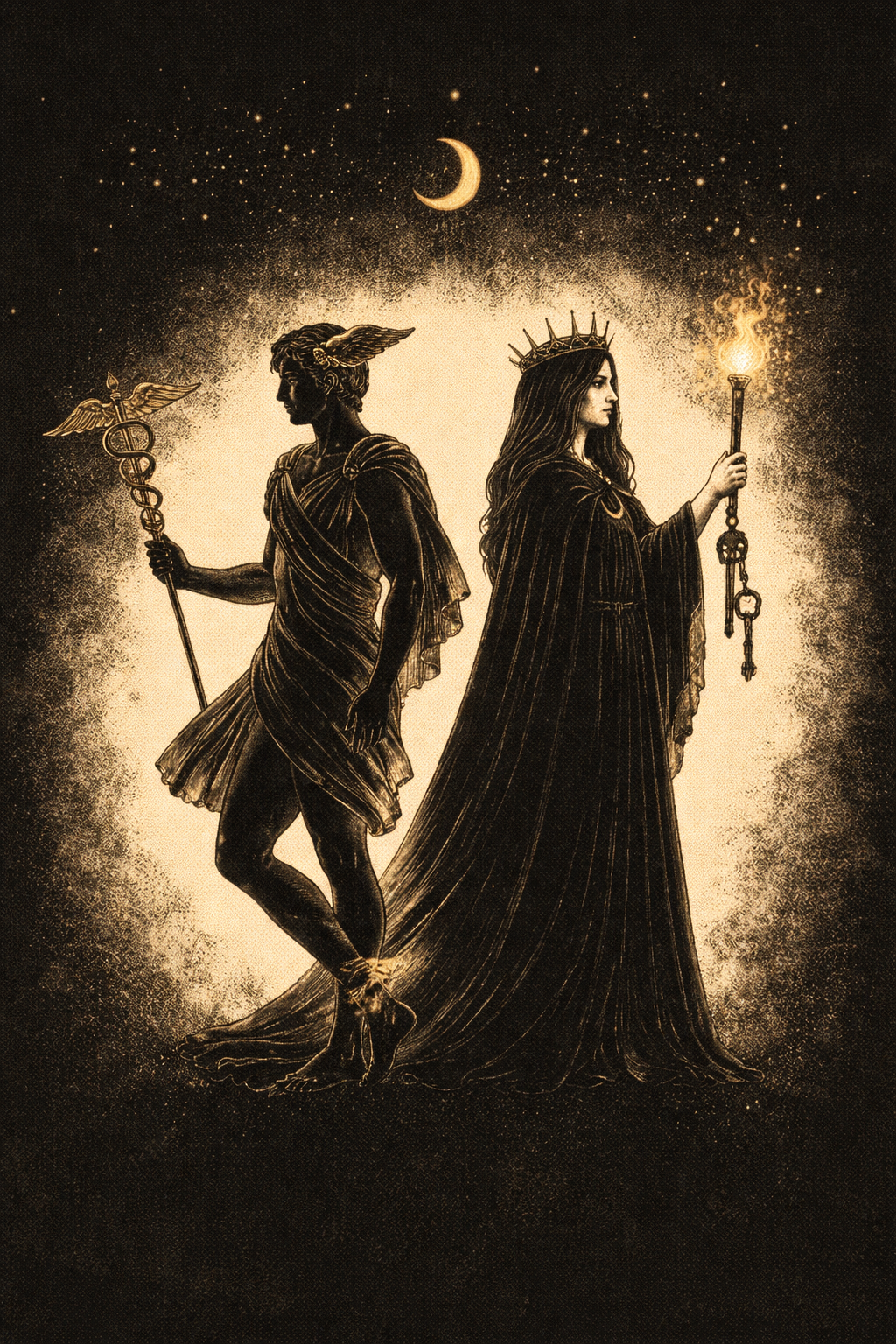 The Greek god Hermes with caduceus and the goddess Hecate with keys and a torch