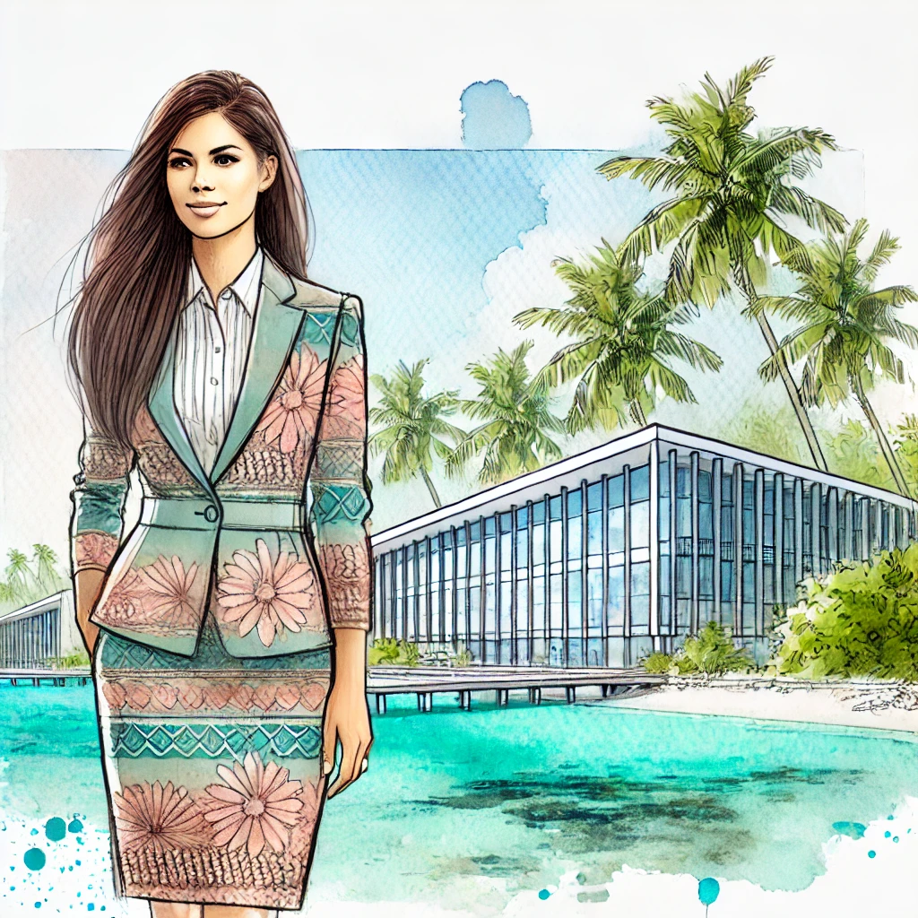Businesswoman in pastel floral blazer and skirt in front of modern building in Nauru