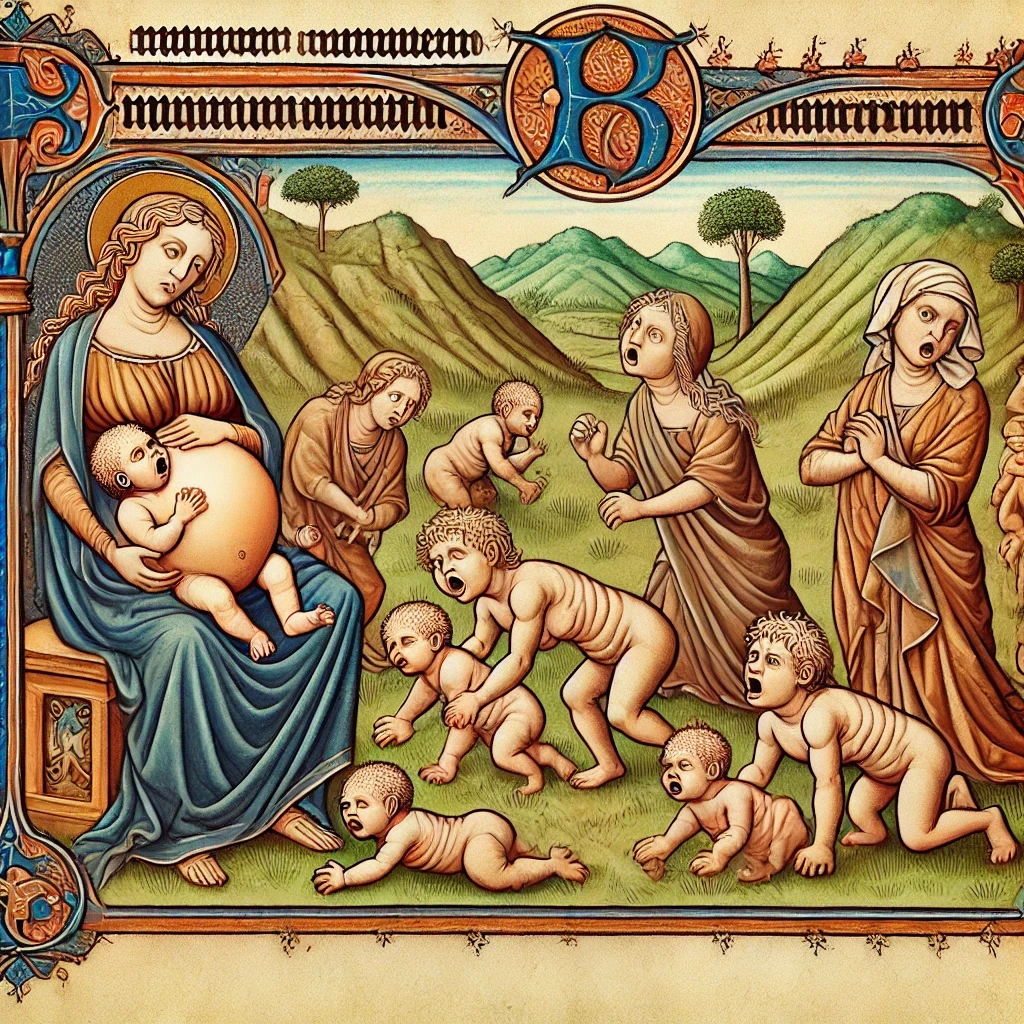 Women wail, surrounded by Nephilim babies, with one woman with a baby growing out of her pregnant belly