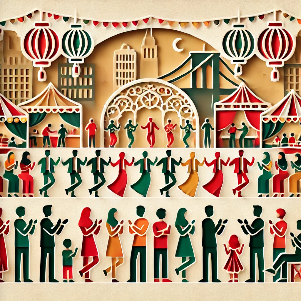 Lines of dancers at an Arab American festival in New York City