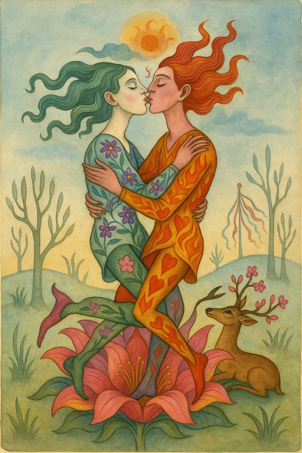 Two people kiss, their hair flowing out, wrapped in an embrace in a giant flower near a deer with flowering horns, with trees and a Maypole in the background