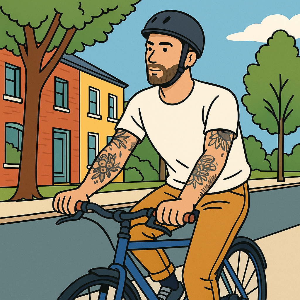 A man with tattoos on his arms rides his bike down a street wearing a helmet