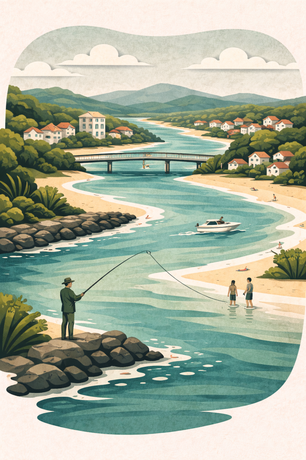 A man fishes, people wade, a boat cruises the river, with houses and a bridge in Forster–Tuncurry, Australia