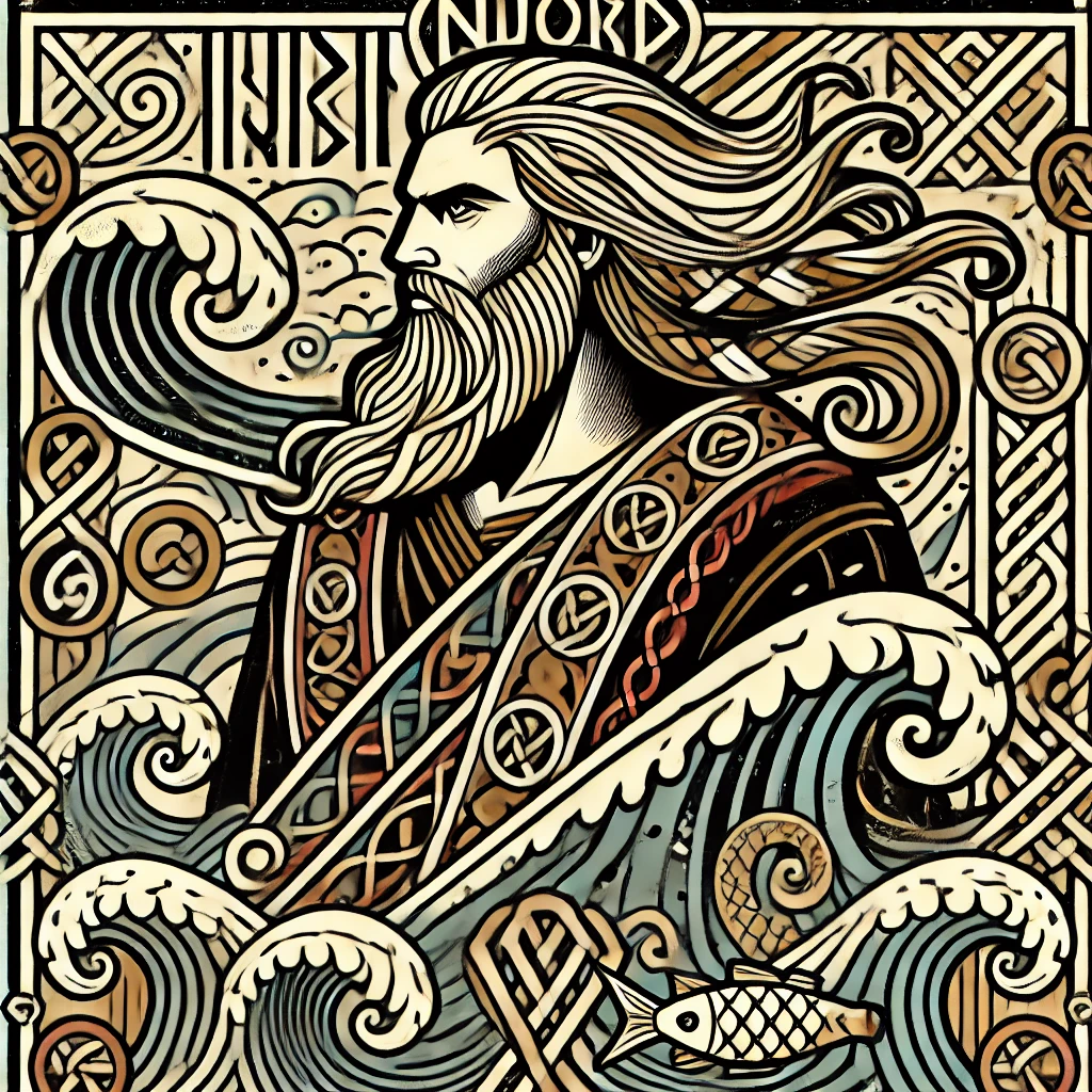 The Norse god of the sea, Njord, stands amid waves and runes