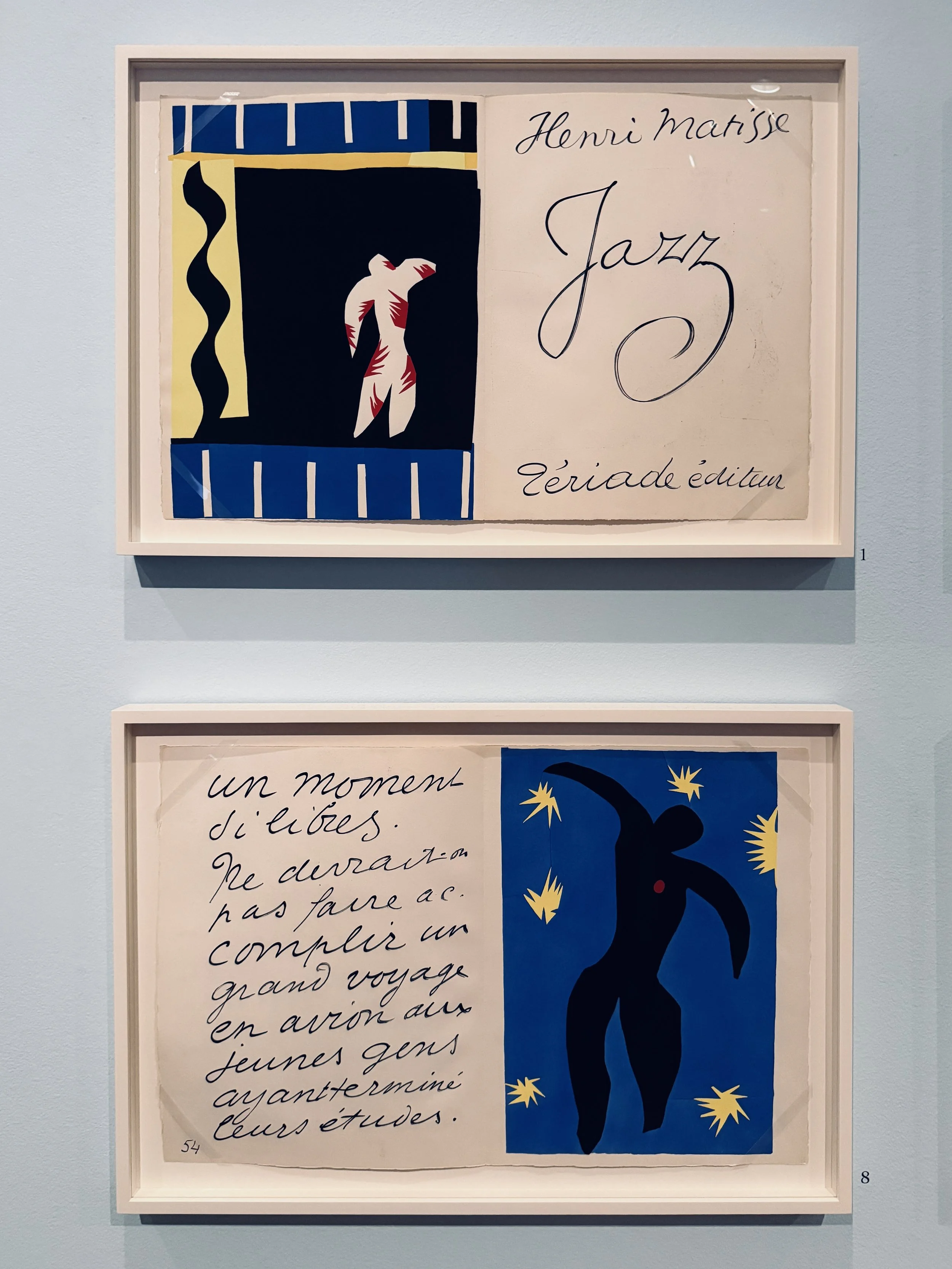 Pages from Matisse's Jazz, including the title page and Icarus
