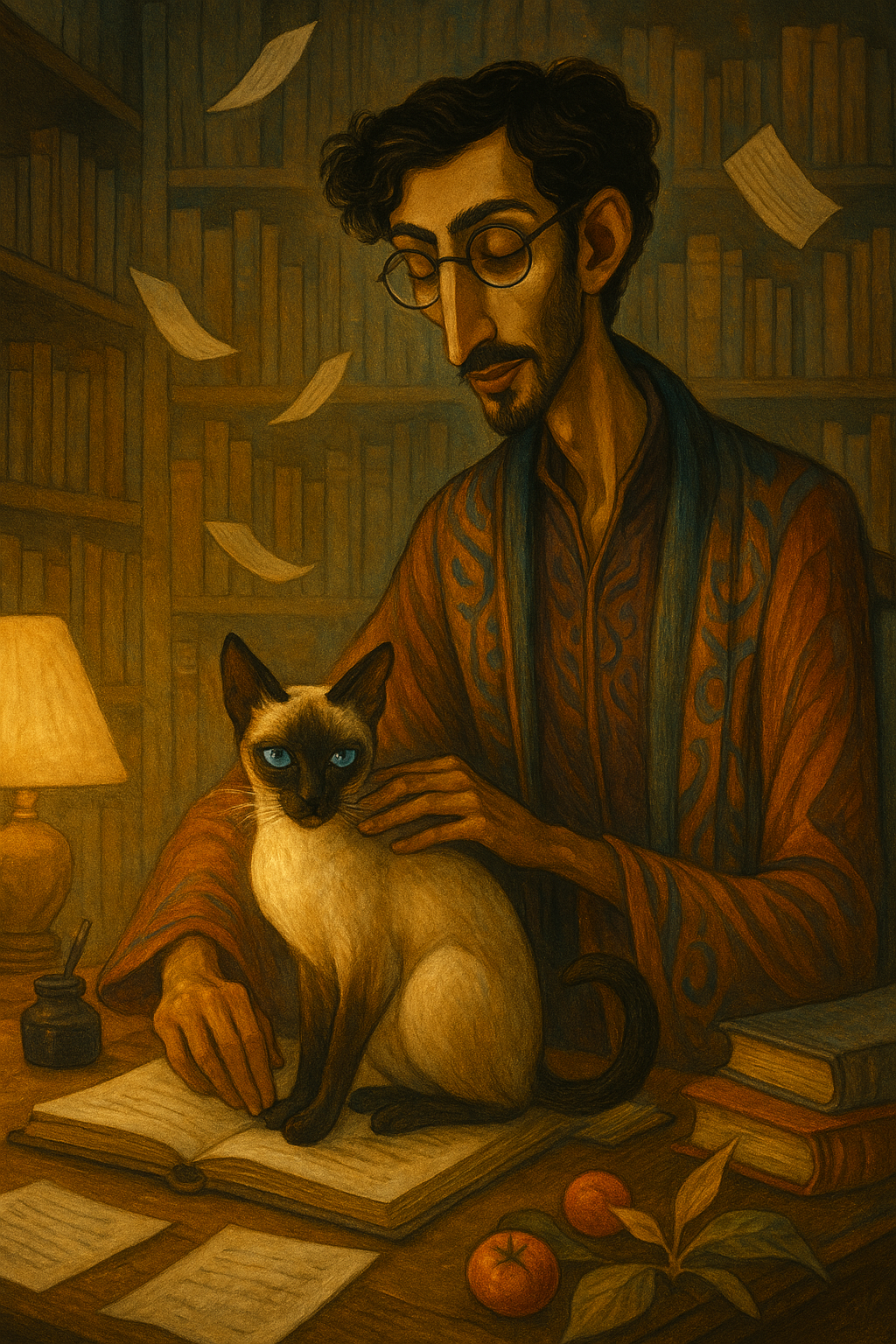 The Librarian as a tarot car, with a thin man in a room lined with books, paper pages fluttering in the air, as he pets his Siamese cat