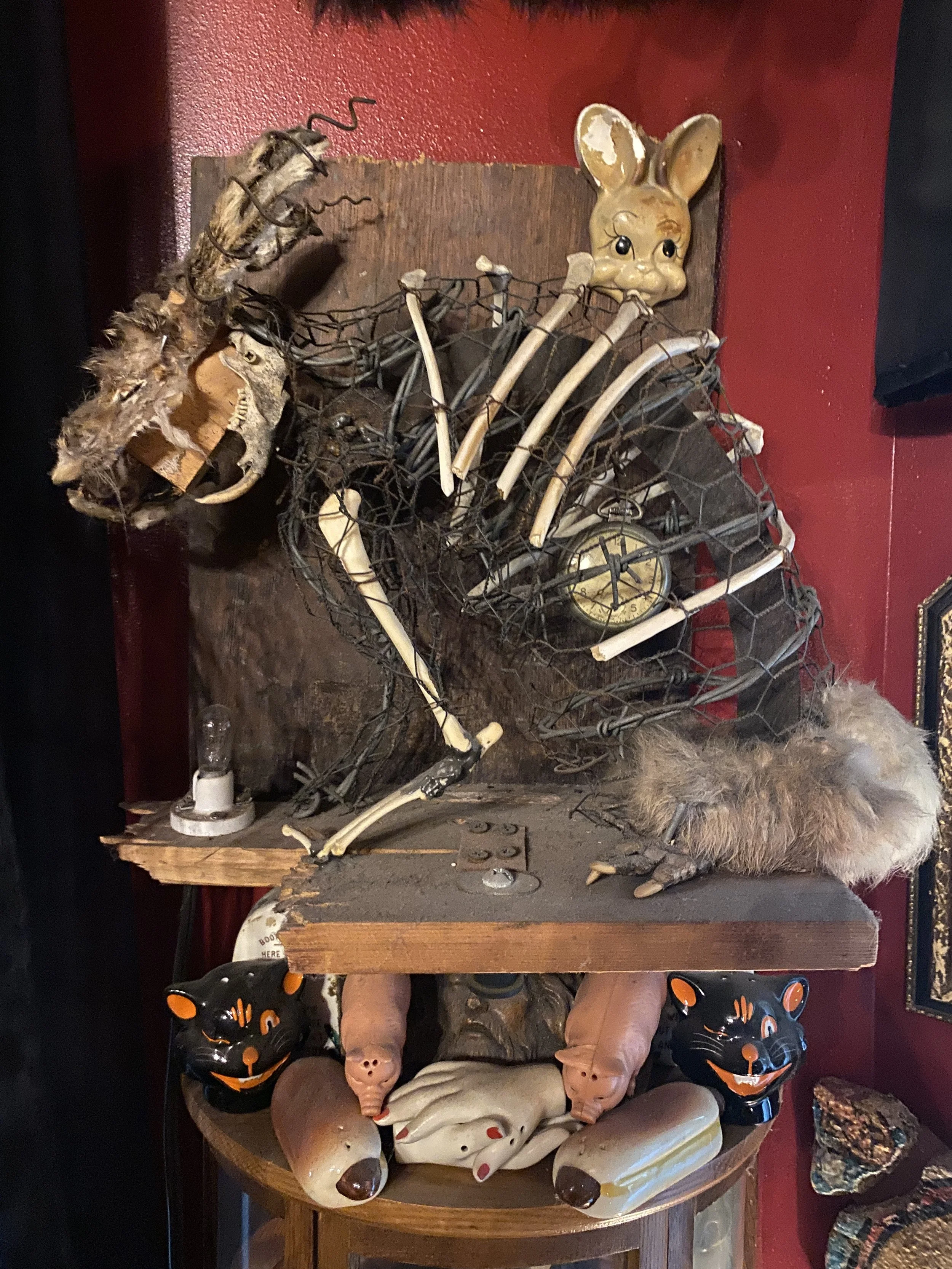 Strange creature made of animal skulls, bones and tail and chicken wire on display at Trundle Manor