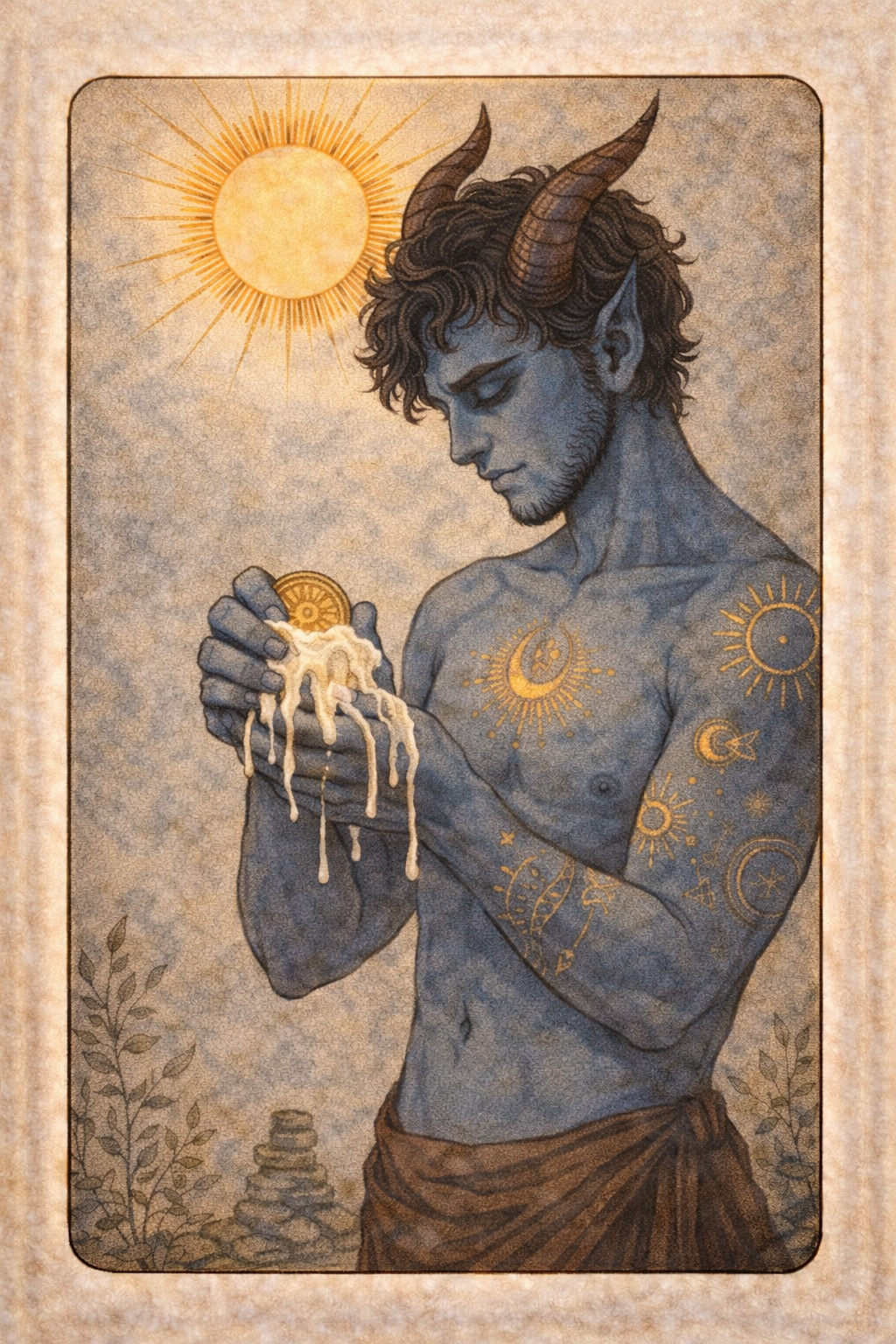 A blue-skinned demon with golden astrological tattoos holds a coin covered in dripping white wax