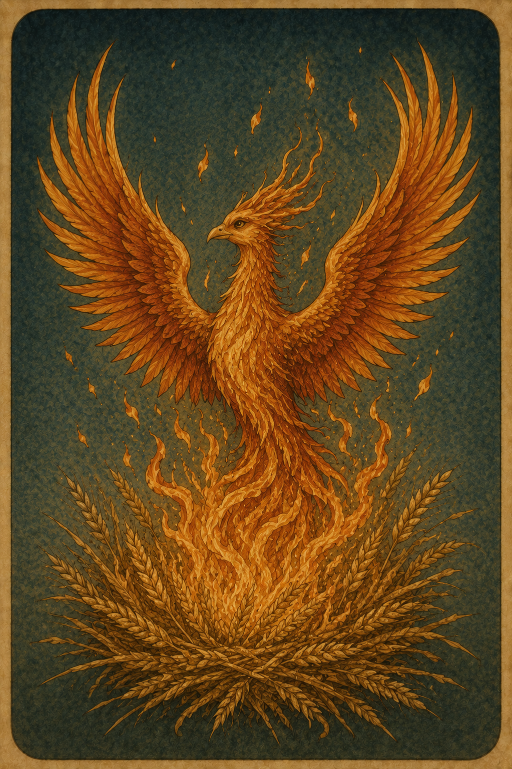 A phoenix rises from the flames of a nest made of wheat