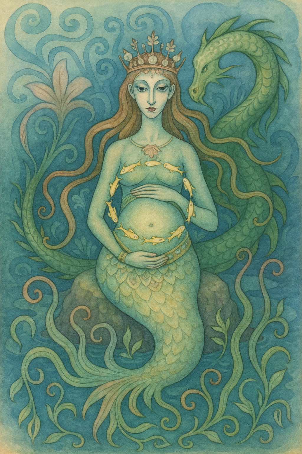 A pregnant mermaid holds her belly as small fish encircle it, with a sea dragon swimming behind her