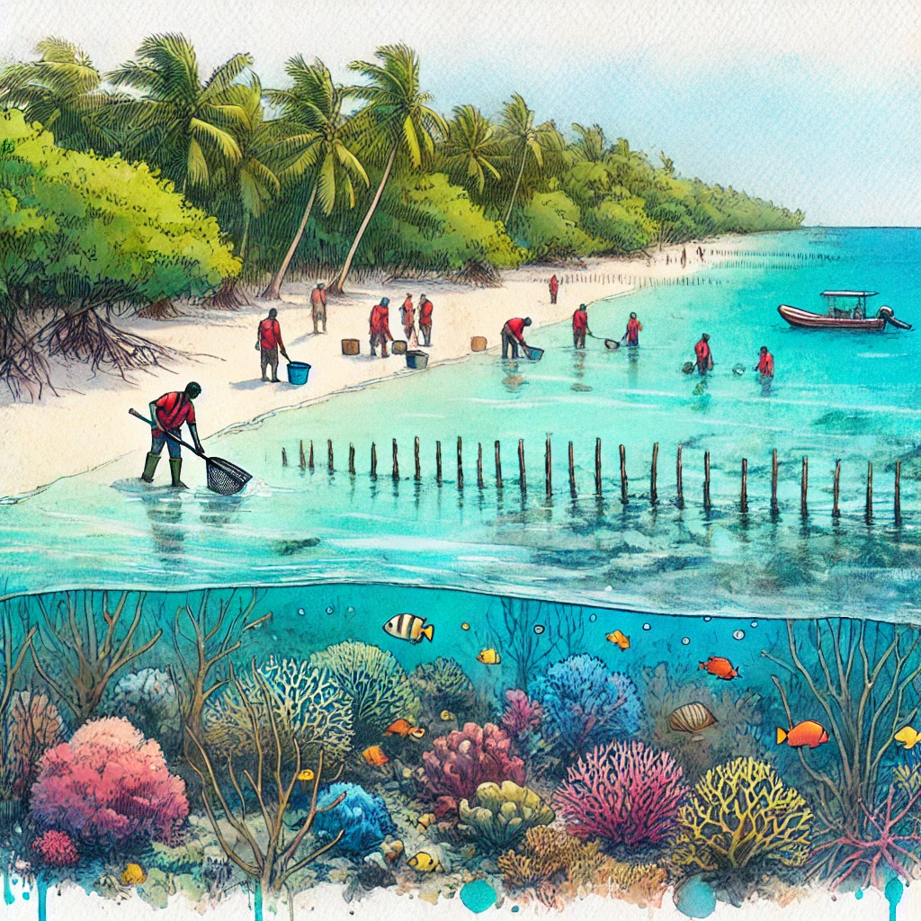 A team uses nets as part of a biodiversity project with fish and coral in Nauru